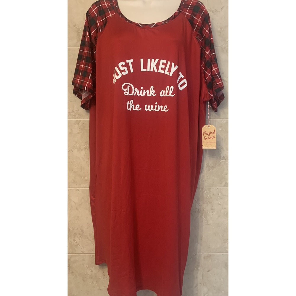 NWT womens red plaid " most likely to drink all the wine" new sleepshirt 2X - Picture 3 of 7